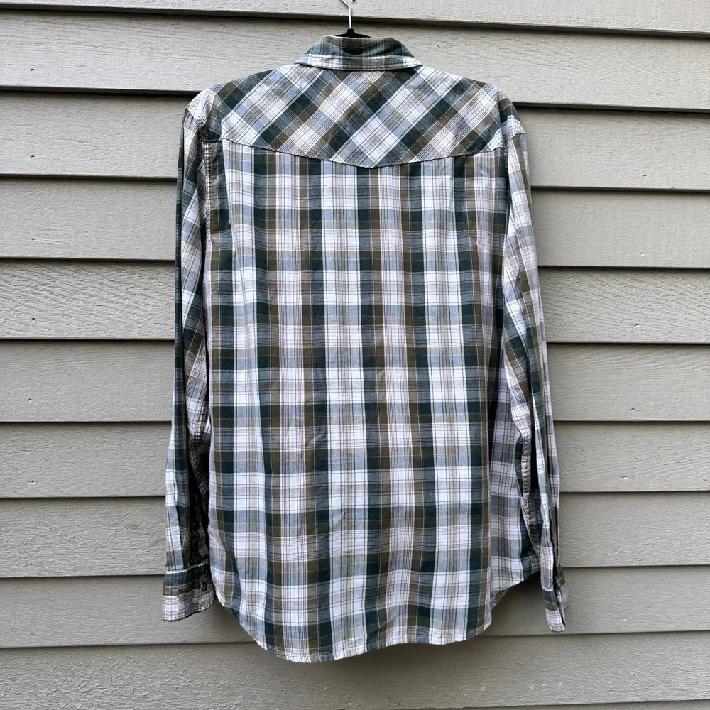 Levis Mens Size Medium Western Plaid Snap Front Shirt Olive Green Long Sleeve M